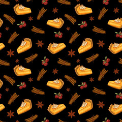 Seamless autumn pattern with pumpkin pie slices, cinnamon sticks, cranberries, and star anise. Warm, festive design perfect for Thanksgiving, textiles, wrapping paper, packaging, and kitchen decor.