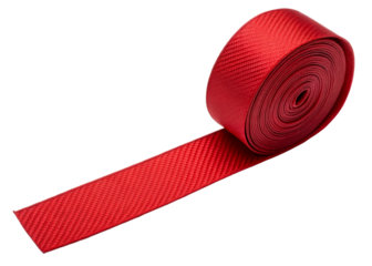 Roll of crimson woven webbing strap on white background