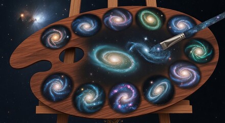 Galaxy painting art palette with cosmic space nebula and stars on easel for astronomy lovers art
