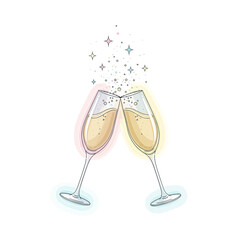 Charming illustration of two champagne flutes clinking in a festive toast, featuring sparkling effervescence and bright light, perfect for symbolizing celebration, joy, and success