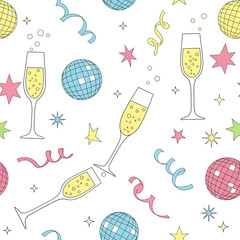 Festive Celebration Seamless Pattern Champagne, Disco Balls, and Confetti - Perfect for Party Designs