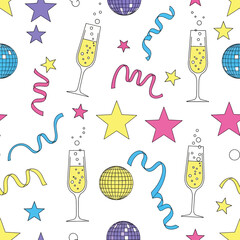 Seamless pattern of festive celebration elements champagne flutes, disco balls, confetti, and stars on a white background