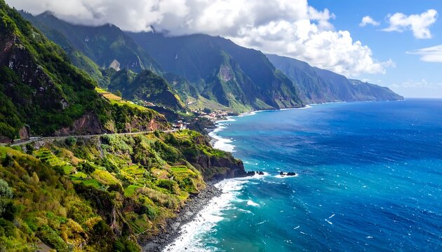 A coastal landscape featuring a winding road along lush, green hills and cliffs meeting the vast, blue ocean under a partly cloudy sky