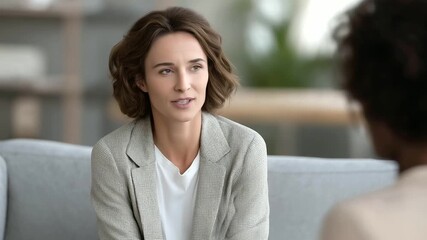 woman therapist encouraging patient to join community support group bright office gentle voice empowerment mental health three quarter wide angle cinematic color correction