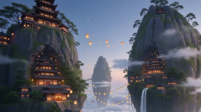 Fantastic ethereal chinese landscape, floating islands, waterfall and temple architecture, magical