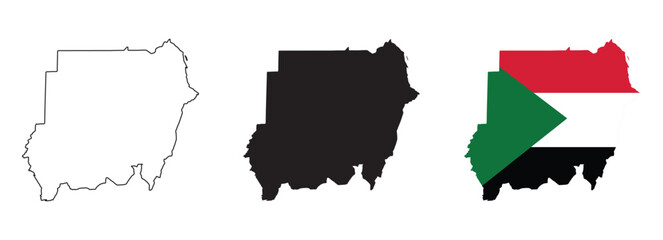 Sudan map vector set with editable country outline black silhouette and national flag featuring red white black horizontal stripes with green triangle for geography and education illustration