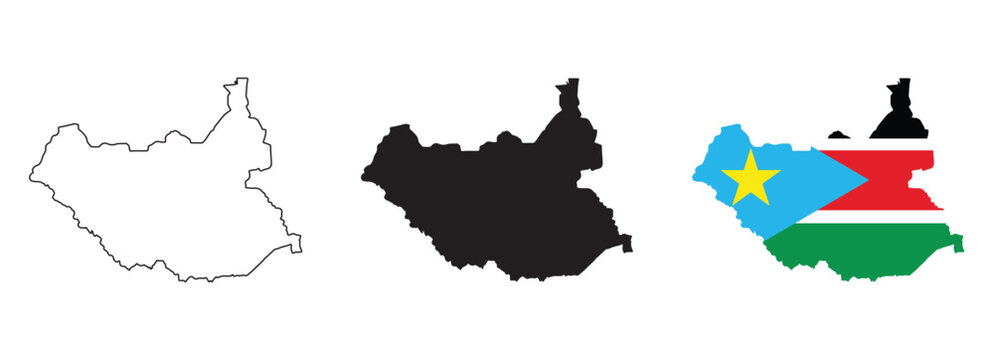 South Sudan map vector set with editable country outline black silhouette and national flag featuring black red green blue yellow white stripes and star for geography and education projects