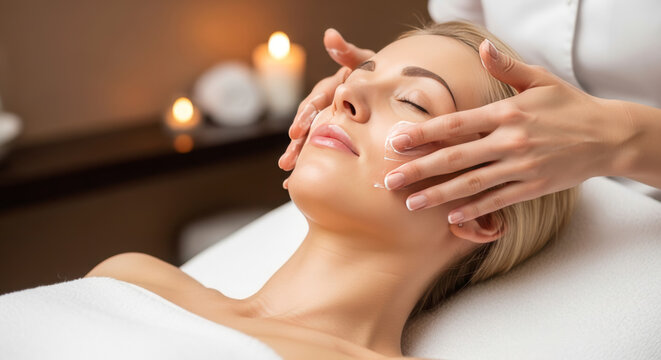 European Blonde Lady Receiving Facebuilding Skincare Treatment and Facial Massage in Serene Spa