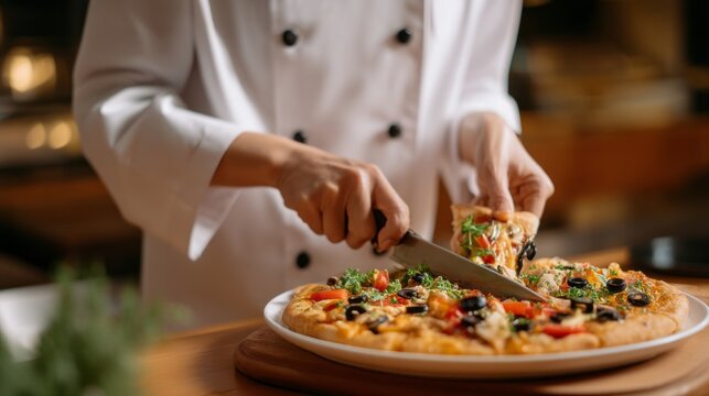 In a lively kitchen, a skilled chef is focused on cutting a freshly baked pizza. Colorful toppings like olives and vegetables decorate the cheesy surface, creating a tempting sight - Powered by Adobe