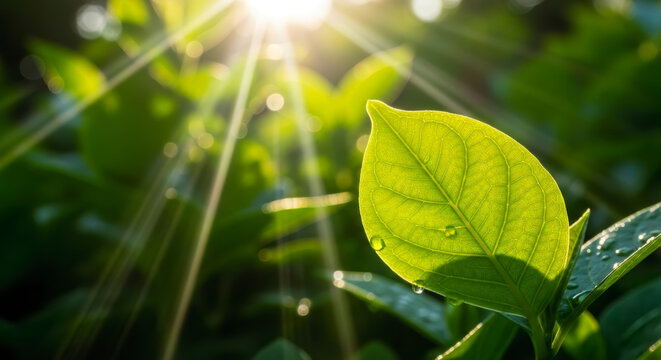 Vibrant Green Leaf Close-up Bathed in Amazing Sun Rays and Fresh Dew Drops