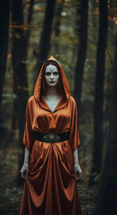 Naklejka premium Enigmatic Witch or Priestess with Moon Mark, Cloaked in Russet H