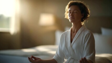 woman therapist practicing mindfulness exercise with patient sunlit room soft bell sound mental wellness guidance three quarter wide angle cinematic color correction gentle