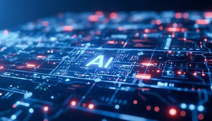 illustration of close up view of an advanced artificial intelligence circuit board with glowing elements and the AI symbol at the center. Generative AI