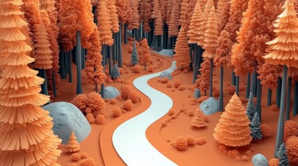 Monochromatic Orange Autumn Forest with a White Path, Minimalist Landscape