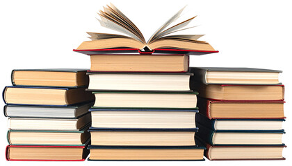 A pile of old textbooks separated on a white background.