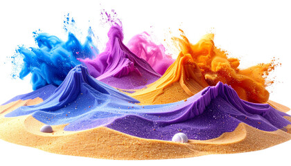 Small green and red toy castle on sandy beach isolated on white background.