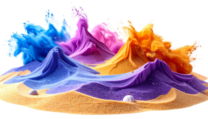 Small green and red toy castle on sandy beach isolated on white background.