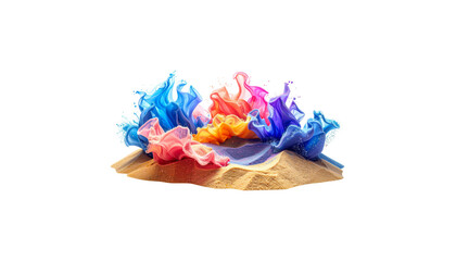 Small green and red toy castle on sandy beach isolated on white background.