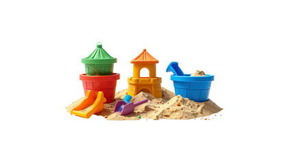 Small green and red toy castle on sandy beach isolated on white background.