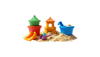 Small green and red toy castle on sandy beach isolated on white background.