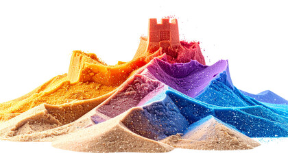 Small green and red toy castle on sandy beach isolated on white background.