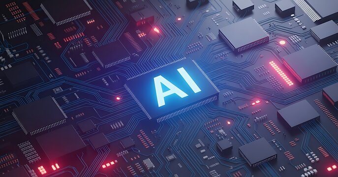illustration of close up view of an advanced artificial intelligence circuit board with glowing elements and the AI symbol at the center. Generative AI