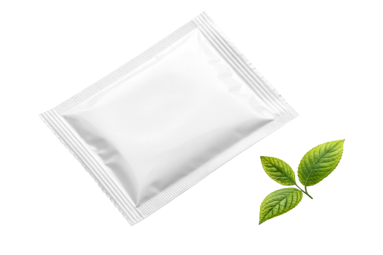 White Sachet with Fresh Green Leaves on White Surface