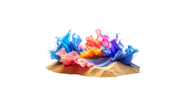 Small green and red toy castle on sandy beach isolated on white background.