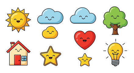Adorable cartoon drawings of sun, clouds, house, heart, star, bulb and tree designs collection