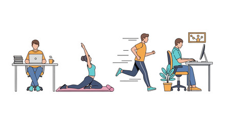 Work-Life Balance: Illustration of Office Work, Yoga, Running, and Desk Work Scenes Representing a