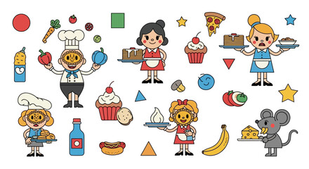 Colorful Cartoon Culinary Characters and Food Items Illustration with Playful Design elements