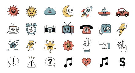 Whimsical collection of retro cartoon doodle elements with expressive faces and quirky objects