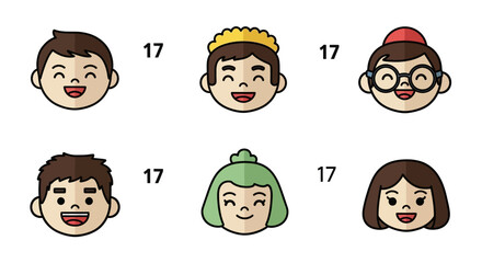 Collection of diverse cartoon character portraits with simple line art and smiling expressions