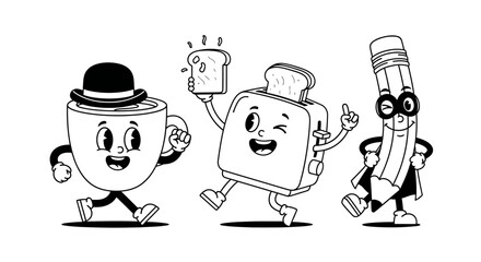 Animated cartoon trio of coffee, toaster with toast and pencil in cheerful stride