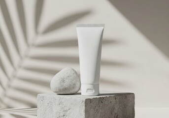 Minimalist product shot of a white cosmetic tube stone on a textured surface leaf shadow
