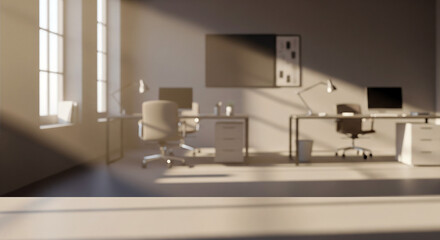 bright modern office interior, white background, blurred backdrop, glass partitions meeting room