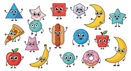 Delightful cartoon characters featuring geometric shapes and food items in cheerful design