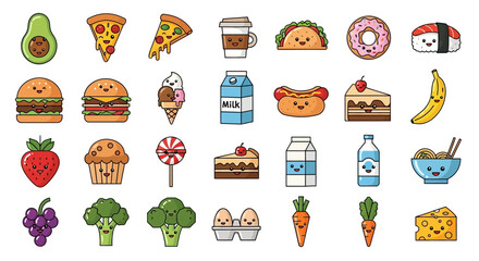 Colorful cartoon food vector illustration showcasing a diverse assortment of food items with happy