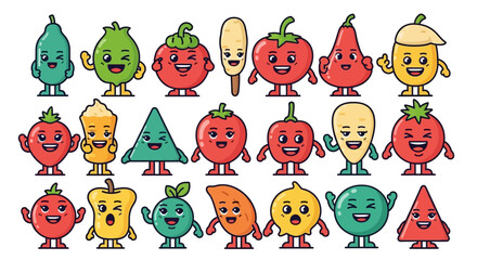 Whimsical Cartoon Fruits and Vegetables Characters Set with Cheerful Expressions