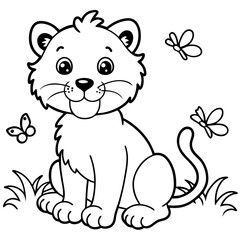 Fototapeta premium Adorable lion cub playing with butterflies, a delightful coloring book illustration
