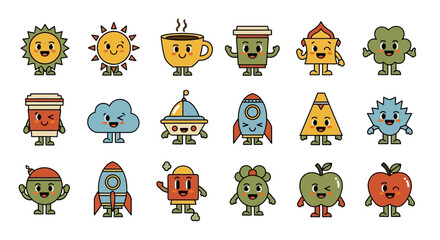 Retro Cartoon Character Set with Smiling Faces, Geometric Shapes, and Playful Elements