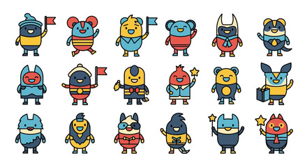 Diverse collection of whimsical cartoon characters with charming expressions and vibrant color