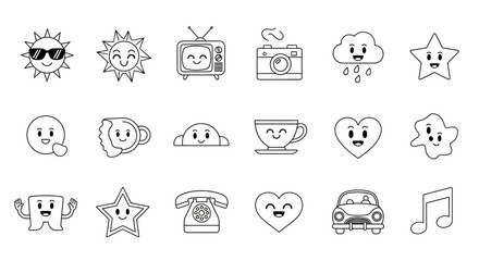 Doodle Illustration Collection of Cute Objects and Characters with Smiling Faces for kids book