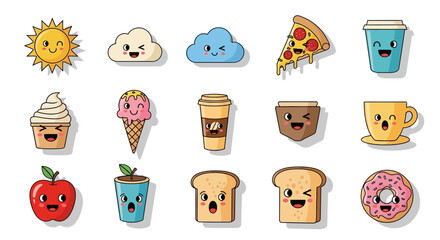 Cheerful kawaii food and beverage icons showcasing a delightful collection of expressive designs