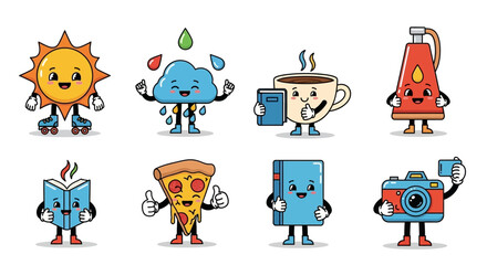 Retro Cartoon Characters: A Nostalgic Blend of Sun, Rain, Coffee, Pizza, and Everyday Objects