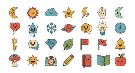 Set of whimsical kawaii style vector icon illustrations for diverse creative designs