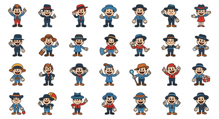 Variety of cartoon characters in hats and suits demonstrating diverse actions and poses