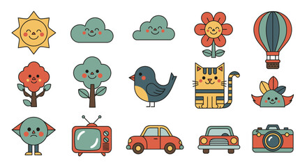 Collection of charming retro style cartoon elements sun cloud tree flower cat bird