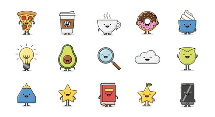 Collection of charming cartoon characters with smiling faces and vibrant colors isolated