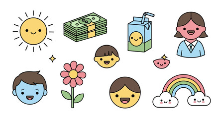 Collection of Cartoon Character and Icon Illustrations with cheerful and colorful designs